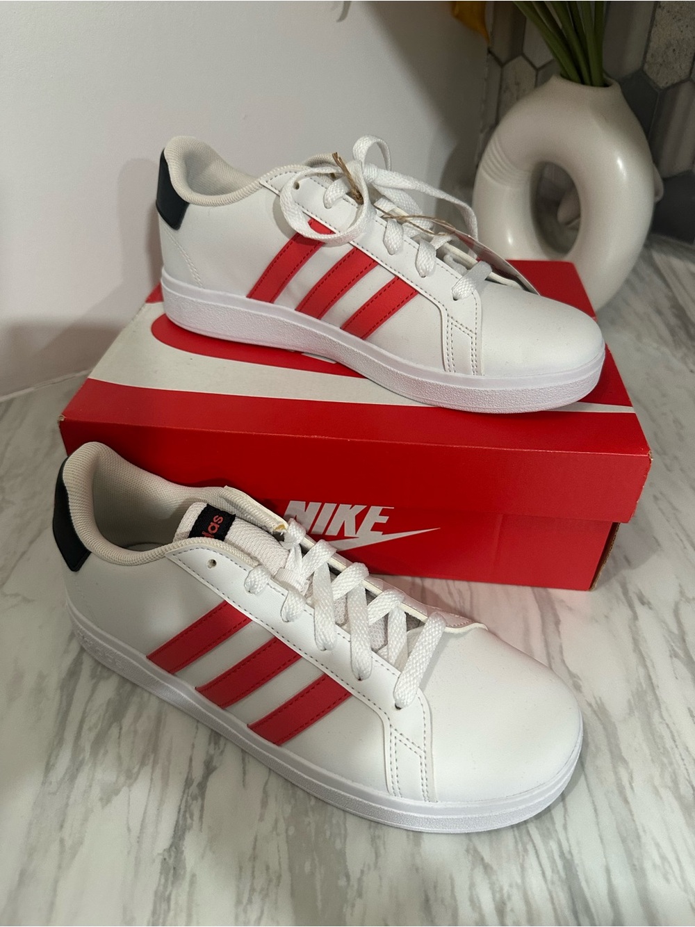 Adidas White Sneakers with Red Stripes